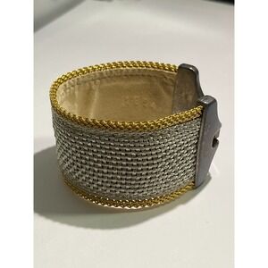 Streets Ahead Leather Cuff Bracelet Silver and Gold Tone Embossed & Mesh 7.5"